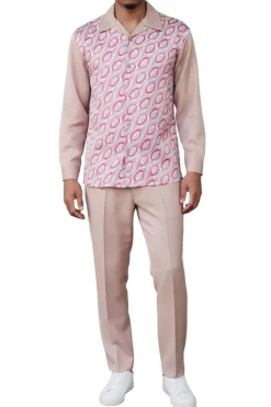 (L) Tan Geometric Circle Pattern Long Sleeve Walking Suit