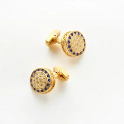 Luxury Gold Geometric Cufflinks with Blue Rhinestone Border