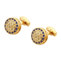 Luxury Gold Geometric Cufflinks with Blue Rhinestone Border