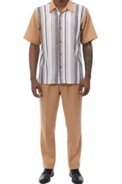 (M) Almond Color Striped Walking Suit 2 Piece Short Sleeve Set