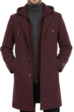 (M) Burgundy Wool Slim Fit Top Coat with Hoodie