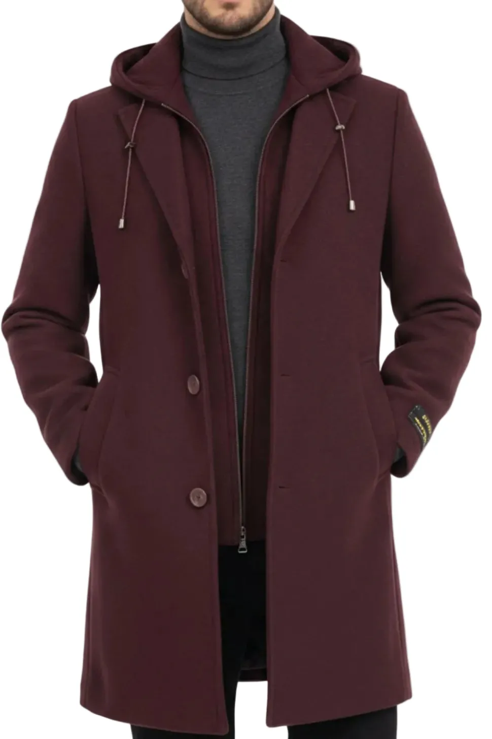 (M) Burgundy Wool Slim Fit Top Coat with Hoodie
