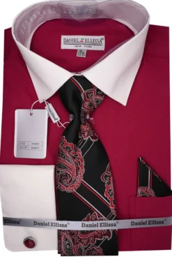 Magenta French Cuff Dress Shirt Set with Tie and Handkerchief