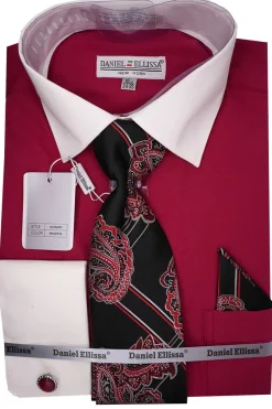 Magenta French Cuff Dress Shirt Set with Tie and Handkerchief