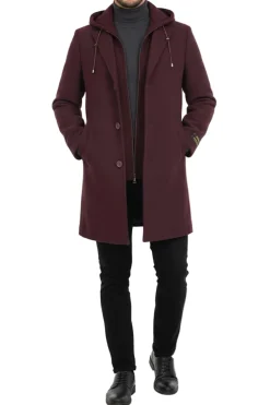 (M) Burgundy Wool Slim Fit Top Coat with Hoodie