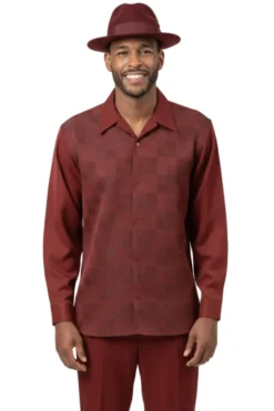 Men’s 2 Piece Burgundy Check Jacquard Pattern Long Sleeve Walking Suit