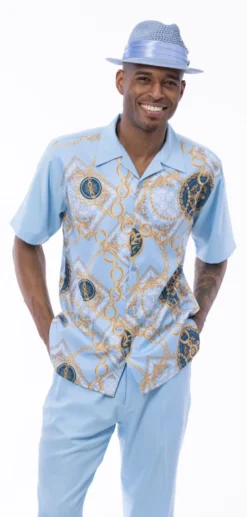Men's 2 Piece Gold Chain Print Pattern Light Blue Walking Suit