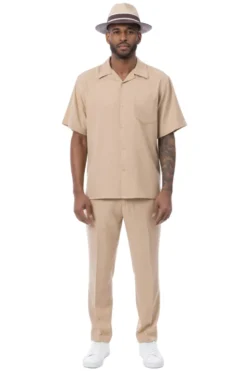 Men's 2 Piece Walking Suit Summer Short Sleeves in Beige