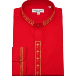 Men's Banded Collar Embroidered Convertible Cuff Shirt in Red/Gold
