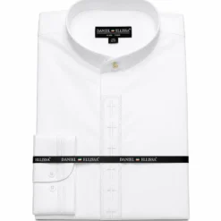 Men's Banded Collar Embroidered Convertible Cuff Shirt in White/White