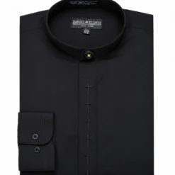 Men's Banded Collar Embroidered Convertible Cuff Shirt in Black/Black