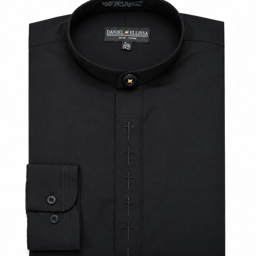Men's Banded Collar Embroidered Convertible Cuff Shirt in Black/Black