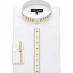 Men's Banded Collar Embroidered Shirt in White/Gold