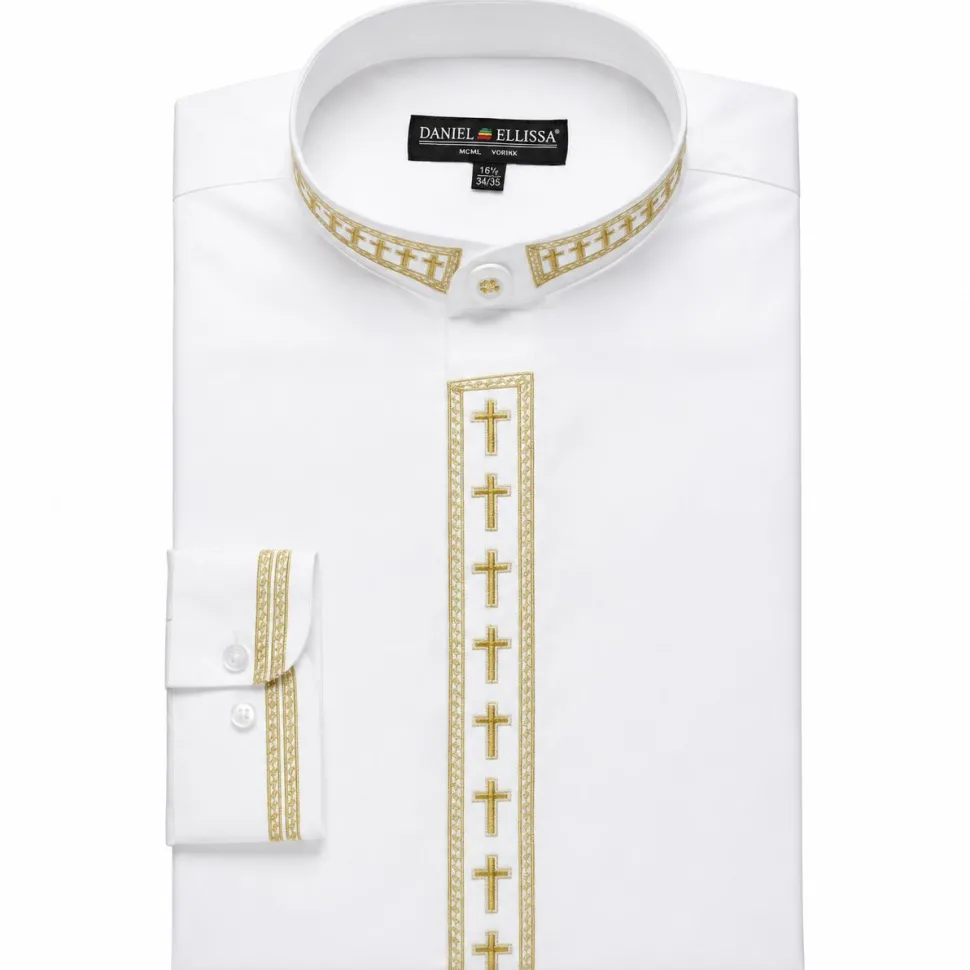 Men's Banded Collar Embroidered Shirt in White/Gold