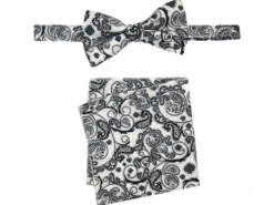 Men's Bow Tie and Hanky Accessory Set in Black White Floral