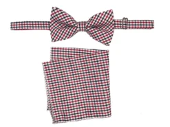 Men's Bow Tie and Hanky Accessory Set in Red Navy Plaid
