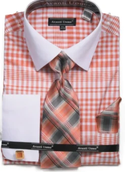 Men's Coral Plaid French Cuff Dress Shirt Set