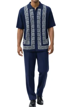 Men's Navy Meander Pattern 2 Piece Walking Suit Set