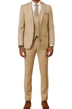 Men's Slim Fit Solid Tan 3 Piece Suit