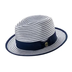 Men's Striped Braided Fedora With Solid Ribbon - Navy/White