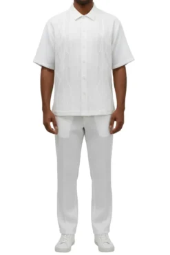 Men's White Wavy Geometric Pattern 2 Piece Walking Suit Set