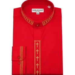 Men's Banded Collar Embroidered Convertible Cuff Shirt in Red/Gold