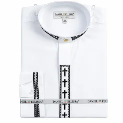 Men's Banded Collar Embroidered Convertible Cuff Shirt in White/Black