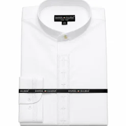 Men's Banded Collar Embroidered Convertible Cuff Shirt in White/White