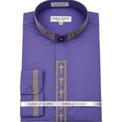 Men's Banded Collar Embroidered Convertible Cuff Shirt in Purple/Gold