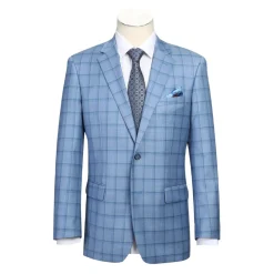 Men's Blue Classic Fit 100% Wool Plaid Blazer