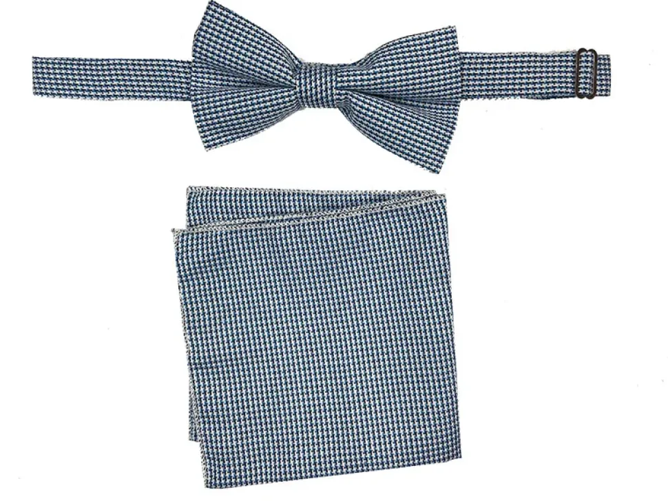 Men's Bow Tie and Hanky Accessory Set in Blue Houndstooth