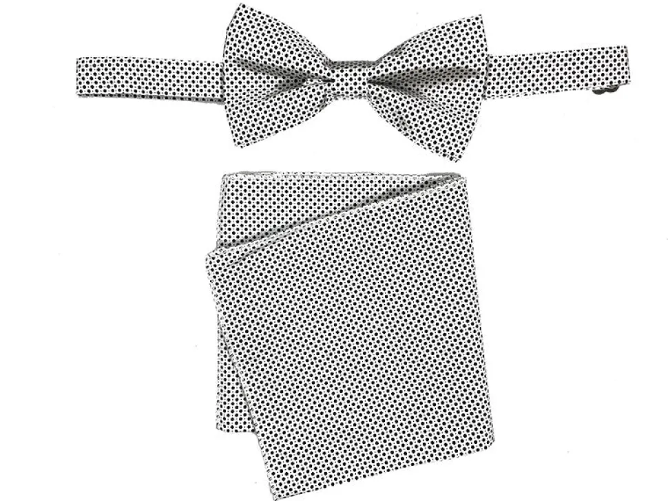 Men's Bow Tie and Hanky Accessory Set in Black White Dot