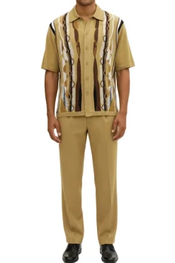Men's Khaki Geometric Pattern 2 Piece Walking Suit Set