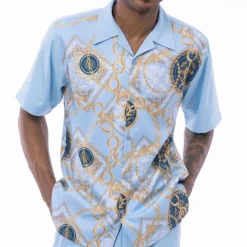 Men's 2 Piece Gold Chain Print Pattern Light Blue Walking Suit