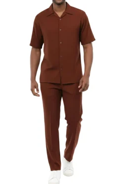 Men's 2-Piece Short Sleeve Summer Walking Suit Set - Maroon