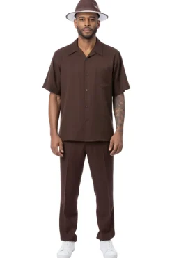 Men's 2 Piece Walking Suit Summer Short Sleeves in Brown