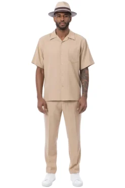Men's 2 Piece Walking Suit Summer Short Sleeves in Beige