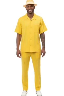 Men's 2 Piece Walking Suit Summer Short Sleeves in Gold