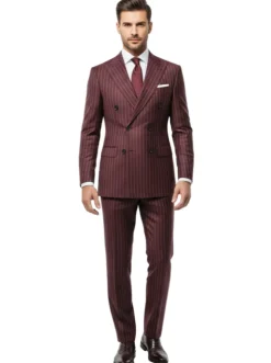 Men's Slim Fit Burgundy 2 Piece Double Breasted Pinstripe Suit