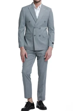 Men's Slim Fit Gray 2 Piece Double Breasted Pinstripe Suit