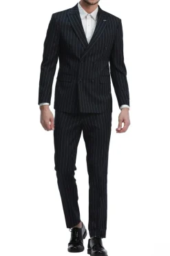 Men's Slim Fit Navy 2 Piece Double Breasted Pinstripe Suit