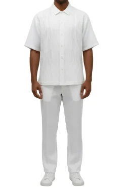 Men's White Wavy Geometric Pattern 2 Piece Walking Suit Set