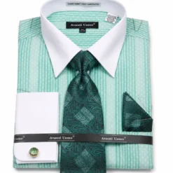 Mint Jacquard Stripe French Cuff Dress Shirt Set