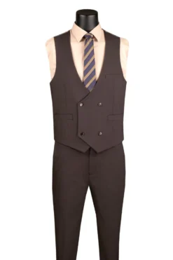 Modern Fit Brown 3 Piece Suit with Vest and Adjustable Waistband Pants