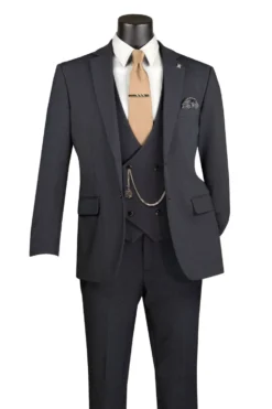 Modern Fit Charcoal Black 3 Piece Suit with Vest and Adjustable Waistband Pants