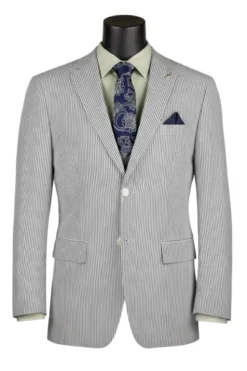 Modern Fit Summer 2 Piece 2 Button Suit Striped Seersucker in Dark Green