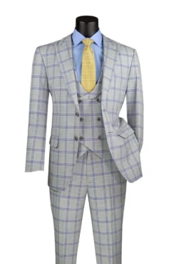 Modern Fit Windowpane Suit 3 Piece with U-Neck Vest in Light Gray