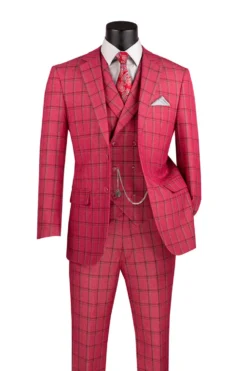 Modern Fit Windowpane Suit 3 Piece in Raspberry