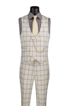 Modern Fit Windowpane Suit 3 Piece with U-Neck Vest in Light Beige