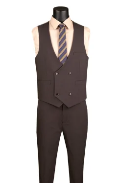 Modern Fit Brown 3 Piece Suit with Vest and Adjustable Waistband Pants